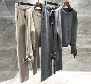 Wysokiej jakości wełniane 2 -częściowy zestaw kaszmirowy luźny sweter pullover elastyczne spodnie Wiast Suit Women Tracksuit Y2011281732143