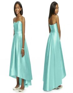 Mint Green 2021 Junior Bridesmaid Dresses Strapless Sleeveless HiLo Long Satin With Belt Cheap Bridesmaid Dresses8779942