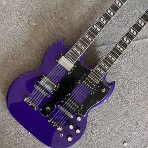 ギターSGダブルネック6+12エレクトリックギター、紫色のハイグロスペイント、リアルピクチャー、修正およびカスタマイズ、無料のパッケージを自宅に