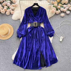 Casual Dresses Metal Color Style Long Party Dress for Female Autumn Winter Vintage Wasit Belt tight a-line Sparky Evening Paint Splash