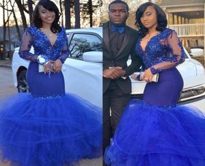 Black Girls Sexy Royal Blue Prom Dresses Sheer Long Sleeve Appliques Beads Mermaid V Neck Ruched Tulle Skirt Long Evening Gowns BC9131275