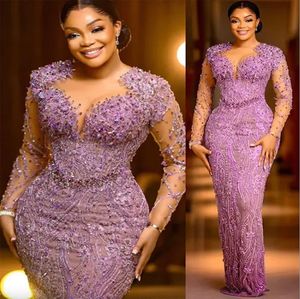 2024 Aso Ebi Lilac Sheath Prom Dress Beaded Lace Sexy Evening Formal Party Second Reception Birthday Engagement Gowns Dresses Robe De Soiree