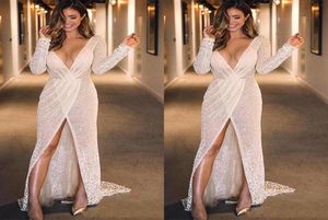 2022 Sexy Glitter Sequins Wedding Dresses Gown high Middle Slits Long Sleeves Deep V neck Ruched Reception Dress Bridal Gowns2946855