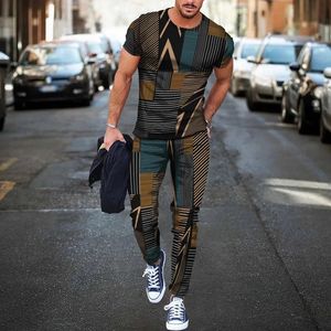 Ankunft Herren Hosen Trainingsanzug 2 Stück Set Streifen 3D Gedruckt Kurzarm T Shirt Lange Hosen Streetwear Kleidung 240306