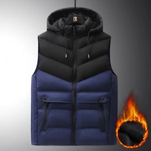 L-6XL Men Winter Vest Coats Fleece Lining Warm Thick Waistcoat Patchwork Design Hat Detachable Man Cotton Sleeveless