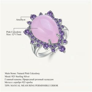 Cluster Anéis Gems Ballet Natural Rosa Calcedônia Gemstone Anel 925 Sterling Sier Vintage Elegante Cocktail para Mulheres Fine Jewelry Dr Dhes1