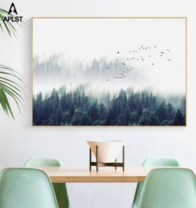 Large Nordic Foggy Forest Prints Posters Trees Birds Landscape Canvas Painting Modern Wall Art Living Room Decorative Pictures1624813