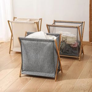 Foldable Dirty Clothes Laundry Basket Cotton Linen Storage Wood Bracket Household Japanese Hamper Organizer 240308
