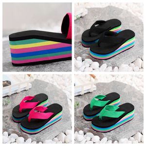 Slippare kvinnors ensidiga flip flops fiskbensstil, sommar regnbåge tjocka sulasular höga klackar t yttre kläder casual strand slitage gai vippla outwear regnbåge 36-41