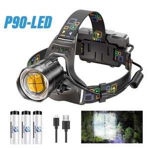 Lampada frontale a LED super luminosa con perline lampada XHP90 Faro impermeabile Display di potenza Adatto per esplorazione Caccia Pesca 240306