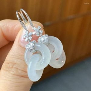 Dangle Earrings Natural Hetian White Jade Round Interlocking For Women Classic Light Luxury Chinese Style Wedding Silver Jewelry Gift