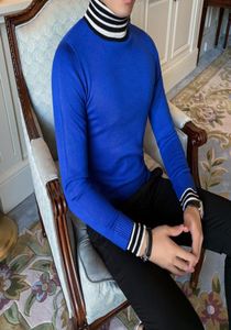 秋の英国スタイルの快適なタートルネックカジュアルメンズセーター長袖編み衣服ストライプフェイク2ピースセーターメン1340316