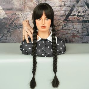 Perücken 7JHH WIGS Lange schwarze Zöpfe Perücke mit Pony Zopf Cosplay Perücke Halloween Kostüm Party Perücken Kunsthaar Perücke für Mädchen