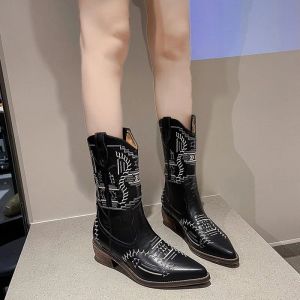 Сапоги 2022 вышивая женские ботинки каблуки ретро рыцарь -сапоги женский подлинный ботас западный ковбойский сапоги