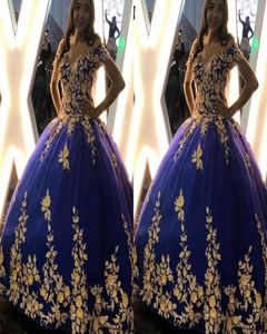 2022 Gold 3D Floral Flowers Royal Blue Quinceanera Prom Formal Dresses Mexican Charro XV Sweet 15 16 Anos Off the shoulder Ball Go8012328