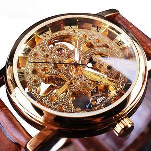 Transparent Golden Case Luxury Casual Design Brown Leather Strap Mens Watches Mechanical Skeleton2849