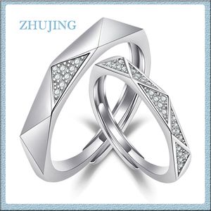 Mode silver bröllopsringar uppsättningar för kvinnor och män prong set aaa cubic zirconia justerbara storlek parringar