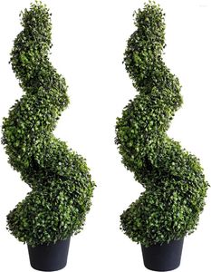Decorative Flowers 3ft (2 Pieces) Artificial Boxwood Topiaries Trees Faux Topiary Spiral Tree Plastic Pot Fake Plants Green Indoor Outdoor