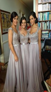 Silver Chiffon Lace Custom Made New Big Rabatt Cap Sleeve Long Bridesmaid Dresses Formella klänningar med band med band9826384