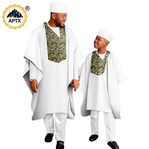 Roupas étnicas Agbada para pai e filho família africana combinando roupas dashiki top calças vestes chapéu conjuntos homens roupas ternos de casamento 24f003