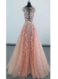 Chic Pink Straight Evening Dresses Jewel Neck Short Sleeve Lace Appliques Red Carpet Gown Sash Celebrity Dress with Detachable Tra5154188