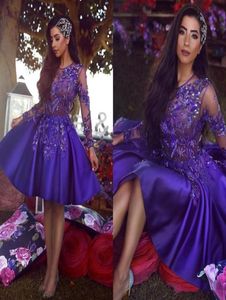 Royal Purple Short Cocktail Dresses Vintage Long Sleeve A Line Prom Party Gowns Sheer Neck Applique Pärlade hemkommande klänningar5327080