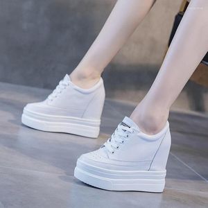 Casual Shoes Women Autumn Leather 11cm Hidden Wedge Sneakers Platform High Heels Female Footwear White Woman Trainers