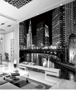 黒と白のシティナイト壁画壁画3D壁紙テレビの背景のための3D壁紙5642232