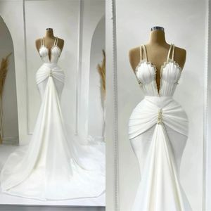 Simple Pearls Wedding Dress V Neck Mermaid Bridal Gowns Spaghetti Straps Sleeveless Slim Custom Made Sweep Train Vestido de novia