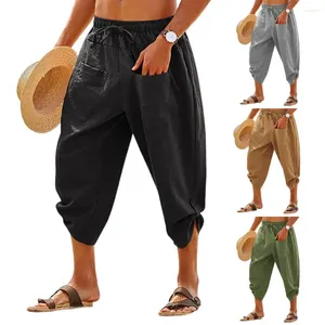 Men's Pants Men Cropped Soft Breathable With Elastic Waist Patch Pockets Casual Mid-calf Length Trousers For Beach