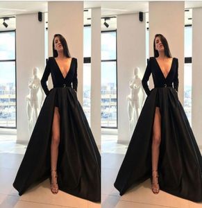 Fall Winter Black Designer Dresses Formal Dress 2021 Vneck Long Sleeve High Low Satin Prom Dress Evening Gowns Sash Party Dress P1818959