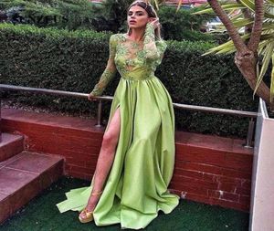 Lime Green Prom Dresses With Long Sleeves Appliques Bodice Long Satin Evening Party Gowns With Side Slit9835382
