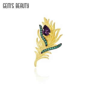 Jewelry GEM'S BEAUTY Golden Feather Brooch For Women Pure 925 Sterling Silver 2022 New Trendy Fine Jewelry Handmade Natural Amethyst
