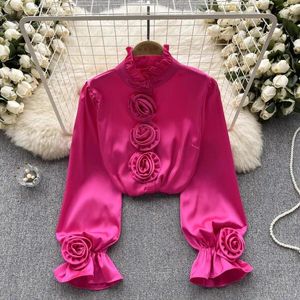 Women's Blouses Half High Neck Stereo Flower Design Sense Women Clothing Shirts Light Luxury Vintage Puff Sleeve Single-breasted Blusas