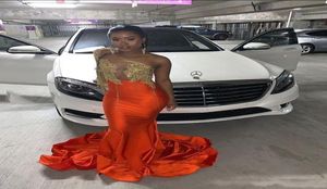 2020 Charming Orange Mermaid Prom Dresses One Shoulder See Through Lace Appliques Formal Dress Black Girls Party Dress Evening Gow2835154
