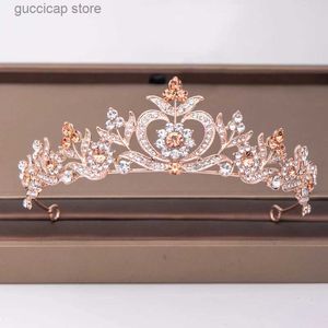 Tiaras Trendy Rose Gold Strass Krone Blume Braut Haarschmuck Hochzeit Kopfschmuck Haarschmuck Braut Haarschmuck Krone Tiara Y240320