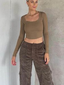 T-shirt da donna Collo a coste lavorato a maglia a maniche lunghe Crop Top Donna Stretch Value 2024 Solid Autunno Skinny Basic Camicia casual T-shirt nere Y2K