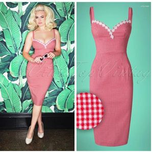 Sıradan Elbiseler 30- Yaz Kadınlar Vintage 50s Gingham İşlemeli Sevgiliye Boyun Çizgisi Kırmızı Pinup Plus Boyutu Kırık Kalem Elbise