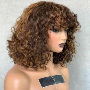 Fringe Wig Deep Wave Human Hair Wigs with Bangs 200 Density 99J Brown Colored Wigs Short Curly Bob Wig Full Machine Remy Hair