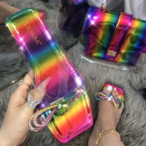 Floplar neon jöle cüzdanlar ve slayt seti gökkuşağı yay flipflop ve el çantaları rhinestone düz terlik çantası moda ayakkabıları chanclas mujer