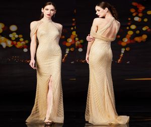 Custom Made Sexy High Neck Front Slit Champagne Evening Dresses Robe Longue Luxury Crystal Sexy Mermaid Prom Dresses7864472