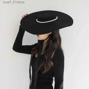 Top kapakları fedora şapkası retro brimmed üst şapka unisex inci kara kırmızı katı şapka kış ic zarif Panama şapkası showc24319