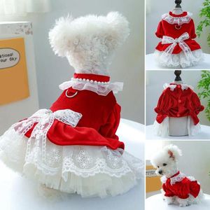 Dog Apparel Christmas Pet Clothes Princess Dress Bow Tie Lace Trim Breathable Mesh Stitching Chihuahua Accessories