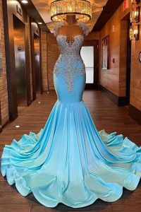 Light Blue Mermaid Prom Sheer Cap Sleeves Beaded Rhinestones Women Pageant Dresses Backless Long Party Evening Gowns BC