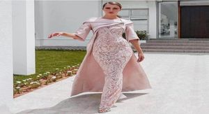 Sexy African Dubai 2020 Evening Dresses with Cape Blush Pink Lace Stain Half Sleeve Formal Party Occasion Prom Dress5860660