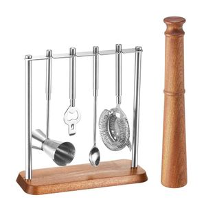 KITESSENSU Mixology Bartender Kit Set di strumenti Accessori per carrello da 5 pezzi con base Sapele: Muddler, Jigger, Cucchiaio, Apriscatole, Filtro|Set da bar vintage per barman domestico