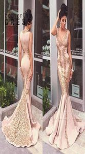 Gorgeous Gold Appliques Sequins Pink Prom Dresses Sexy Mermaid Deep V Neck Women Formal Evening Gowns Vestidos BA10633043790