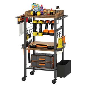 Yatiney Power Organizer Cart, 4 Box, Garage Tool Holder Borr Rack Shelf med 2 sidokrokar, rullande tungt, rustik brun UR02BR