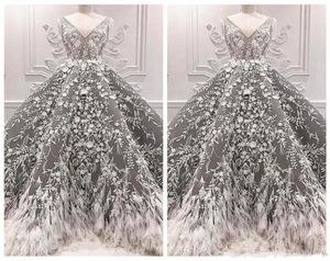 2019 New Gray V Neck Formal Dresses Evening Feather Feather Particy Party Gowns Celebrity Lace Applicants Prom Gowns Luxurious7728217