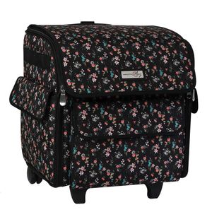 Everything Mary Serger Hine Rolling Storage Case, schwarze Blumen-Tragetasche Overlock Hines Brother, Singer, Juki Sergers – Organizer-Tasche für Nähgarn